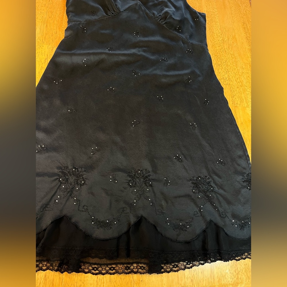 Kenzie Vintage Black Silk Dress Lined Y2K Coquette Style Embroidered Bows SZ 14 - Picture 11 of 15